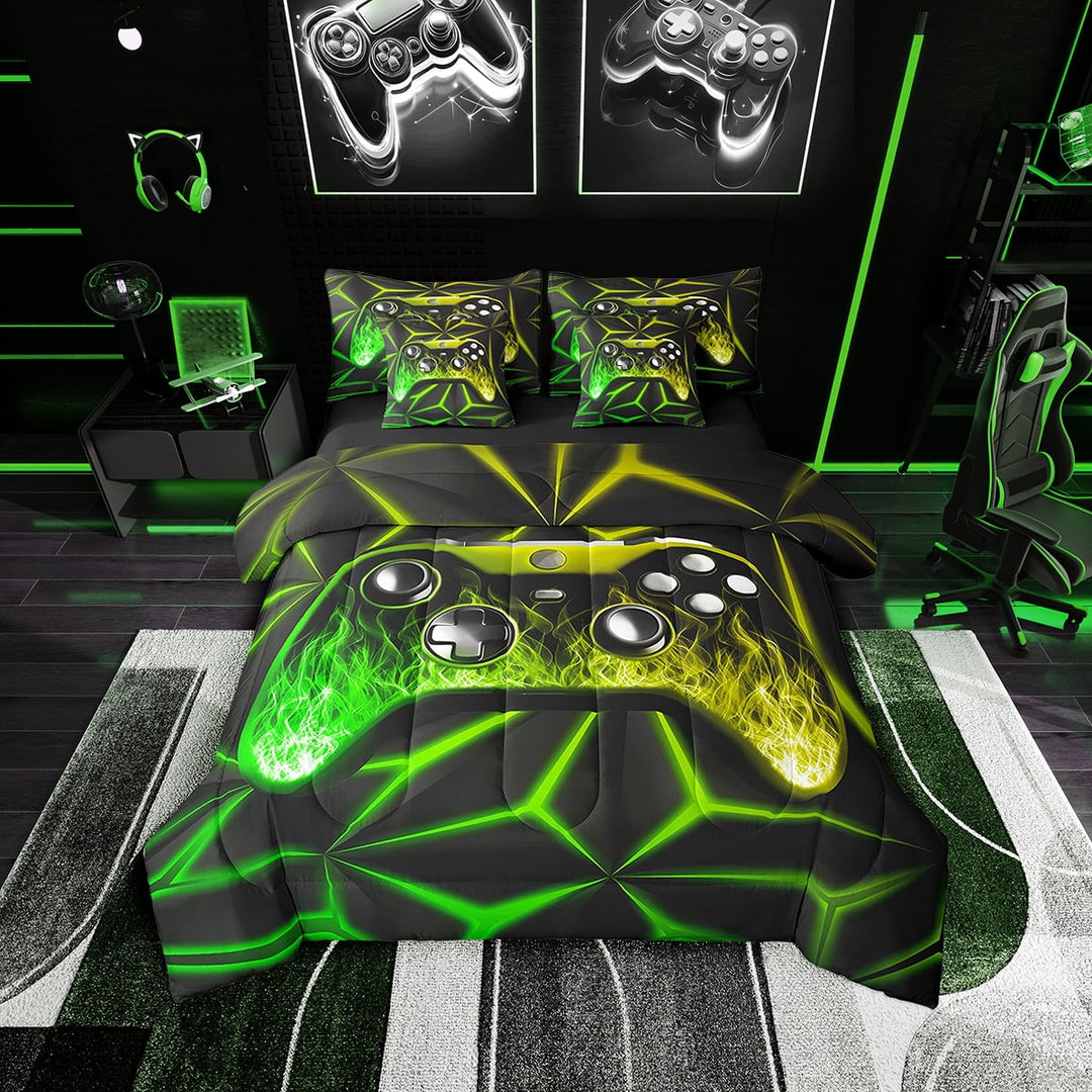 Erosebridal Gamepad Print Bedding Sets Twin Size 7 Pieces for Teen, Gamer Bed in a Bag, Black Green Gold