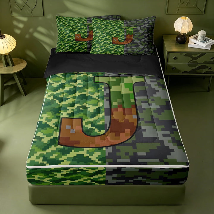 meiyoeat Pixel Themed Monogram J Zipper Twin Comforter Sets with Fitted Sheet and 2 Pillowcases For Boys,Teens Games Video Games Zipper Bedding Set,Black Reversible,4-Piece