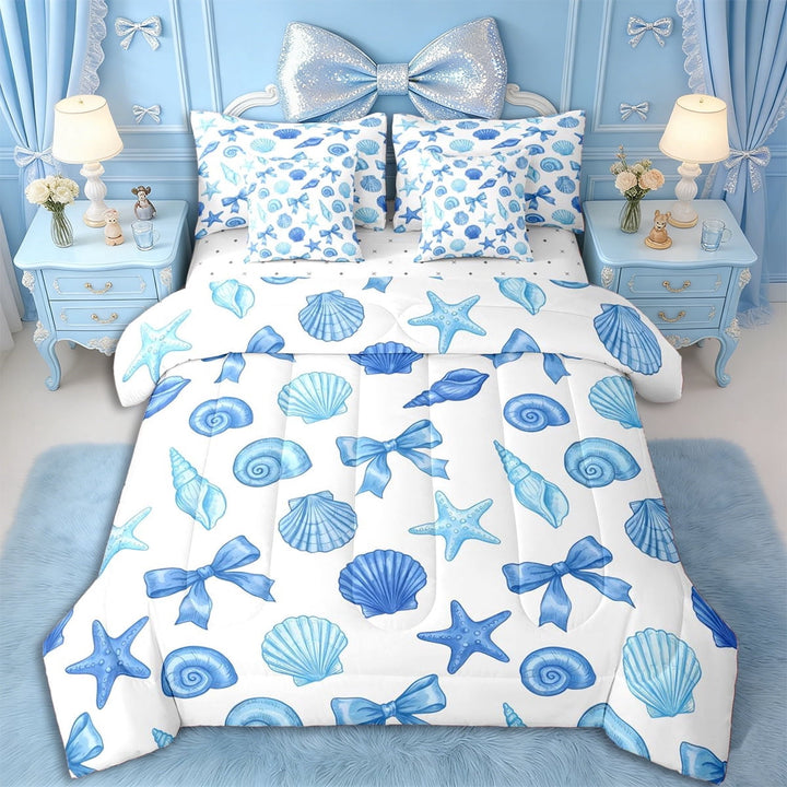 Erosebridal Teens Princess Ribbon Bowtie Twin Bedding Sets 7-Piece,Girls Blue Sea Starfish Seashell Bedding Comforter Set,Ultra Soft Home Decor