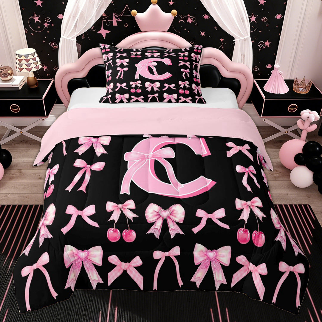 Erosebridal Monogrammed C Kids Twin Comforter Sets, Pink Princess Bow Bedding Set, 2-Piece