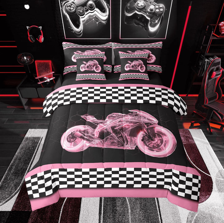Erosebridal Neon Motorcycle Bedding Sets Twin Size, Honeycomb Geometry Comforter Sets with Sheets, Extreme Sports Decor, Reversible