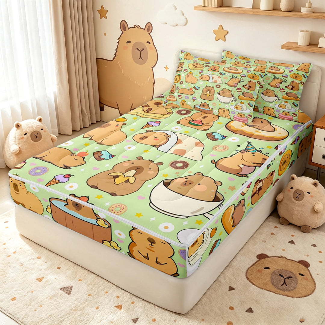 Erosebridal Animal Capybara Zipper Twin Comforter Sets with Fitted Sheet and 2 Pillowcases for Boys Girls, Berry Dessert Print Zipper Bedding Set, Green, Polkadot Reversible, 4 Pieces