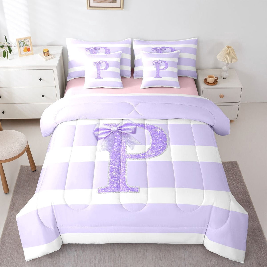 Erosebridal Teens Ribbon Bow Knot Geometric Stripes Twin Bedding Sets 7-Piece,Bling Glitter Print P Personalized Initial Bedding Comforter Set For Children Boys Girls,Pink Reversible