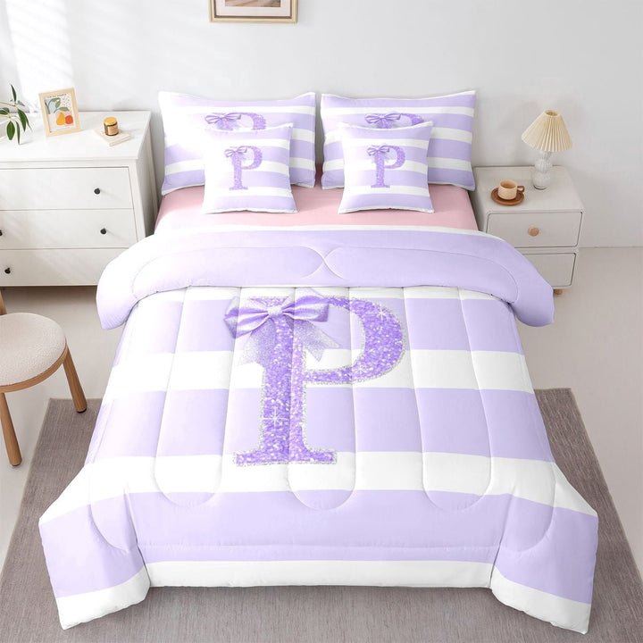 Erosebridal Teens Ribbon Bow Knot Geometric Stripes Twin Bedding Sets 7-Piece,Bling Glitter Print P Personalized Initial Bedding Comforter Set For Children Boys Girls,Pink Reversible
