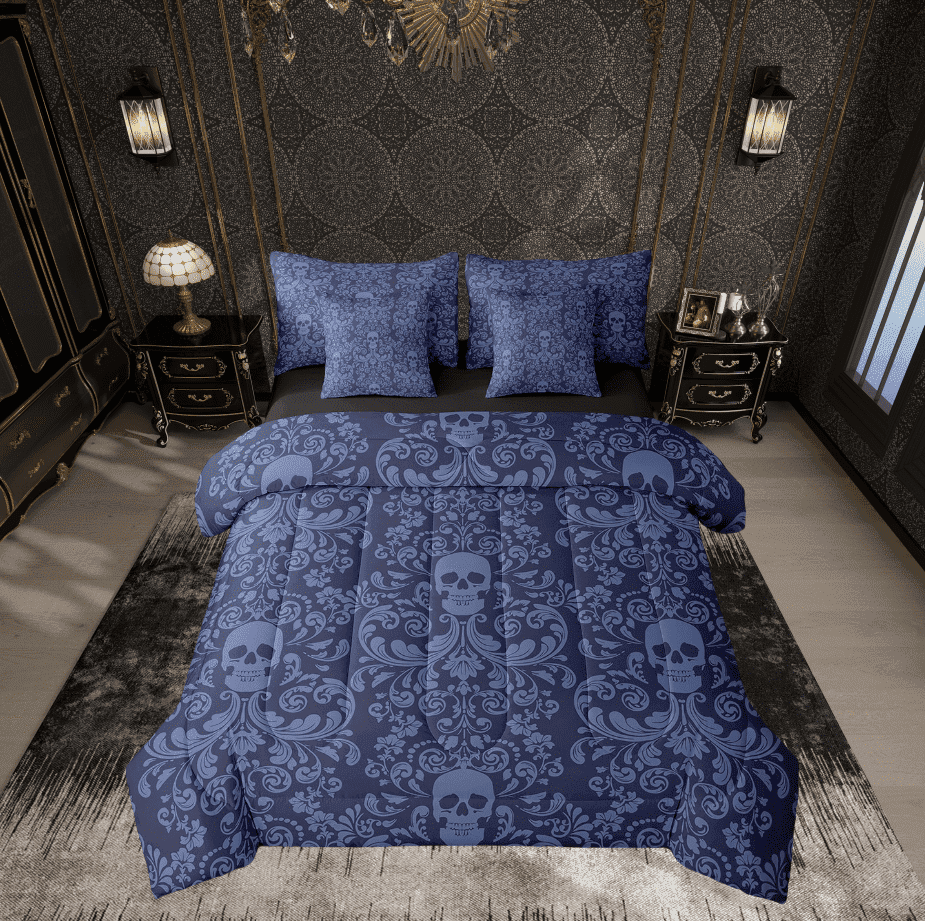 Damask Gothic Bedding Set Adults Antique Victorian Bed in a Bag King Size Comforter Set 7 Pieces,Dark Blue Sugar Skull Sheet Set Vintage Floral Goth Bed Set,Exotic Bone Skeleton Bohemian Decor