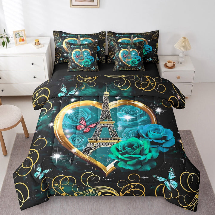 Eiffel Tower Bed in a Bag King Size Comforter Set 7 Pieces,Teal Rose Bedding Set,Romantic France Sheet Set with Comforter City Building of Paris Bed Set,Galaxy Flowers Butterfly Room Decor Aesthetic