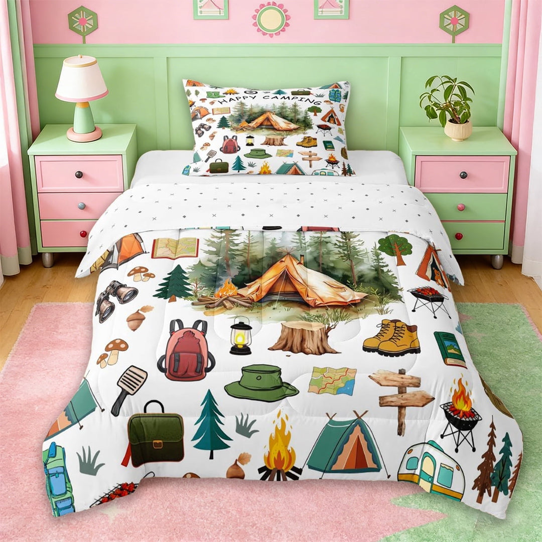 Erosebridal Camping Adventure Twin Comforter Sets For Camper Gifts,Rustic Country Style Bedding Set For Boys Kids,Reversible,2-Piece