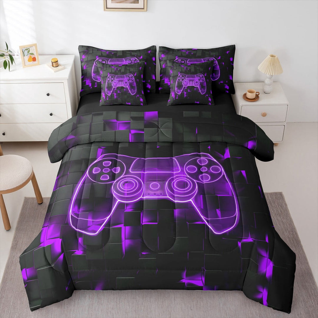 Gamer Comforter, Gaming Bedding Set, Video Games Bed In A Bag Twin 7 Pieces - 1 Comforter, 1 Fitted Sheet, 1 Flat Sheet, 2 Pillow Cases, 2 Throw Pillow Covers, Purple Black