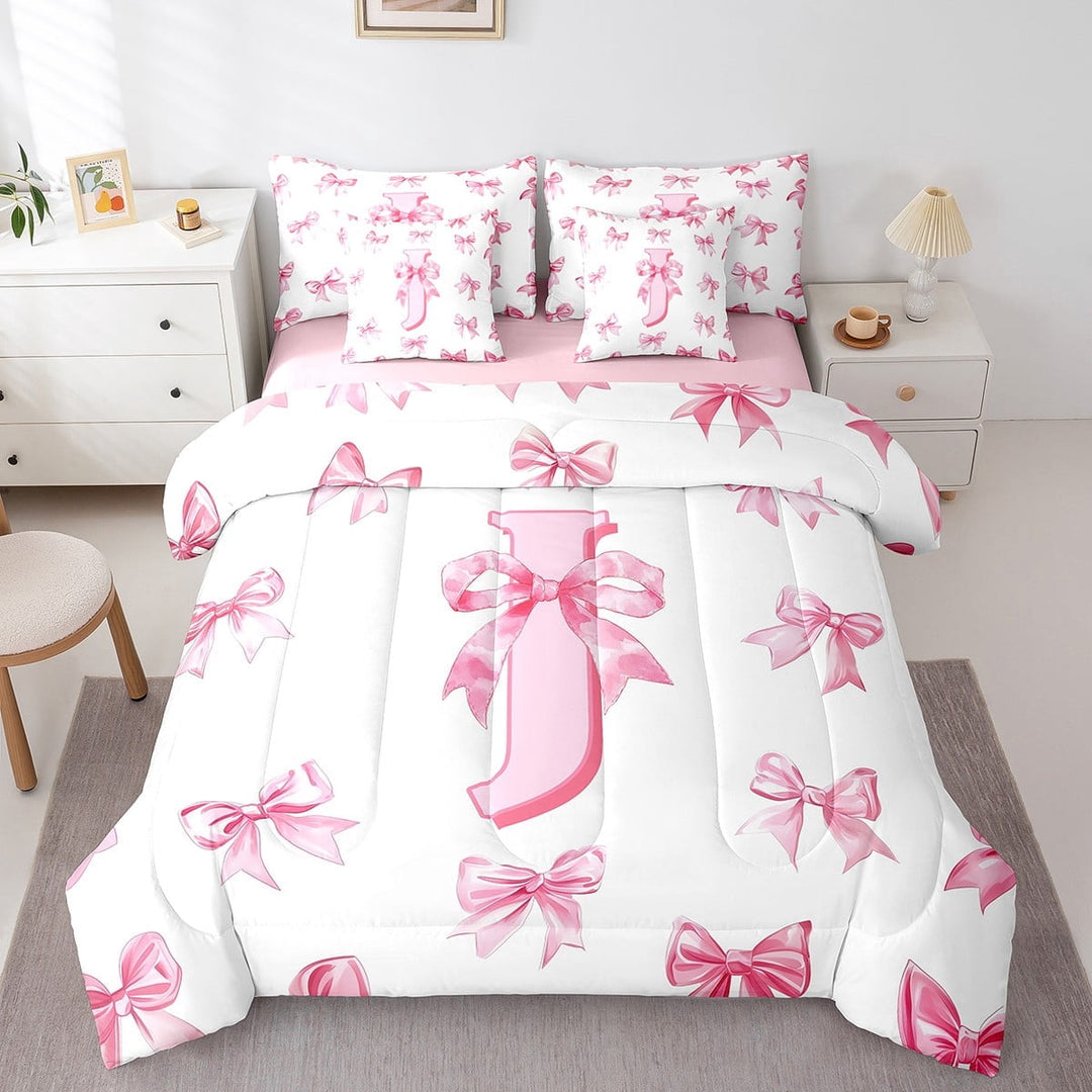 Erosebridal Girly Bowknot Initial Bedding Sets Twin Size,Dreamy Princess Comforter Sets with Sheets,Teens Bedroom Decor,Reversible,Breathable,7-Piece