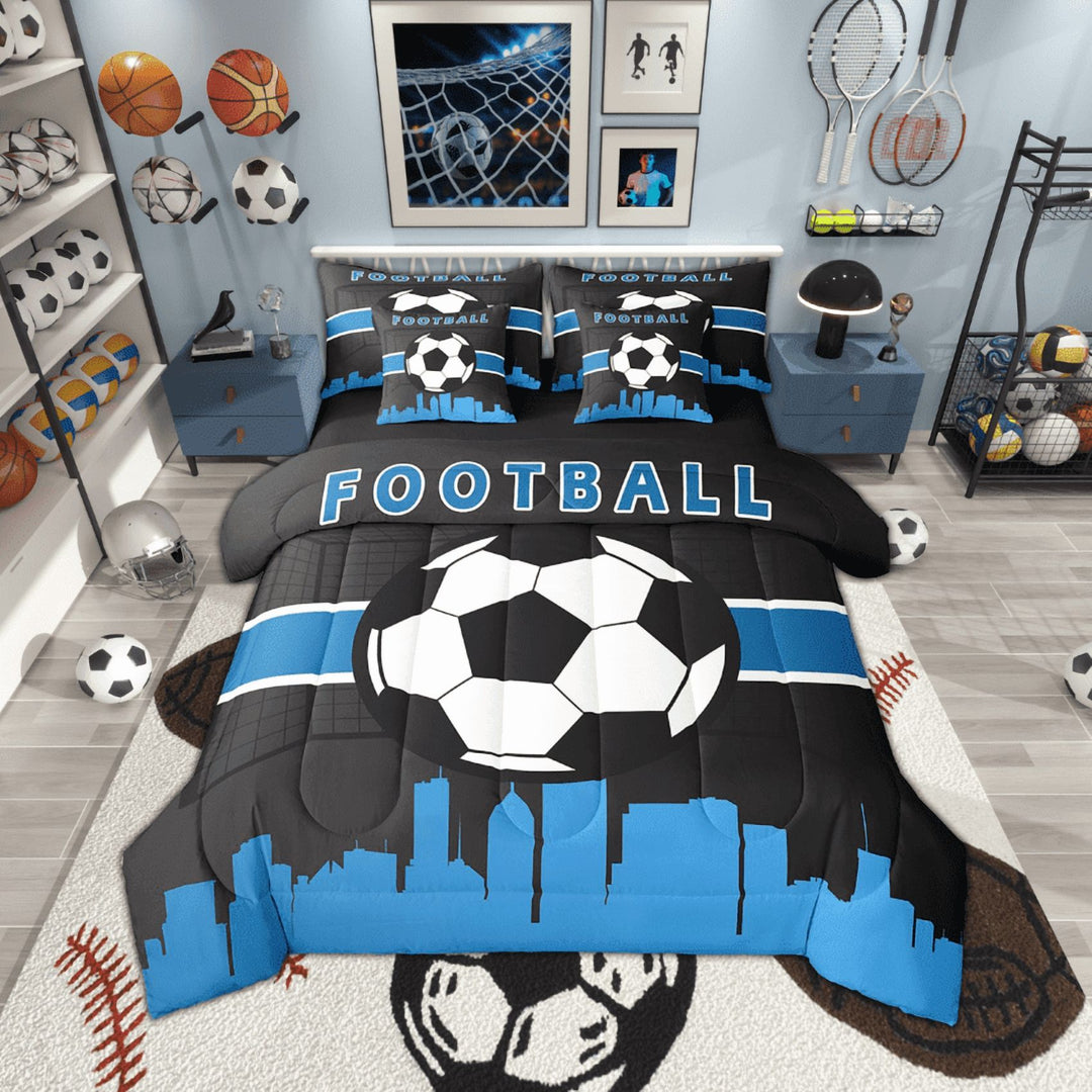 Youth Gaming Bed in a Bag Soccer Football Bedding Full Size 7pcs, Sport Comforter Set Blue Black Bedding Comforter Sets for All Seasons
