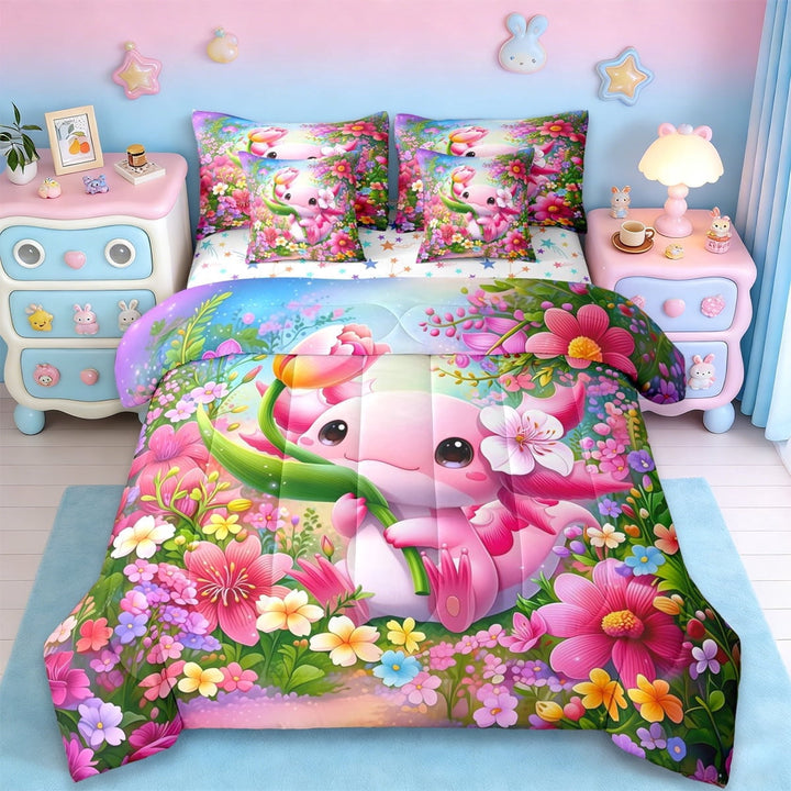 Erosebridal Pink Kawaii Axolotl 7pcs Bedding Comforter Set,Colorful Cute Flower Queen Bedding Sets For Girl Kids,Reversible