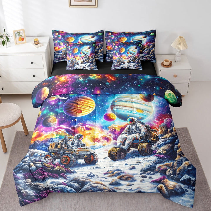 Space Astronaut Bedding Set 7 Pieces,Outer Space Bed In A Bag,Galaxy Planet Twin Comforter Watercolor Starry Sky Bed Set Teens Bedroom Decor