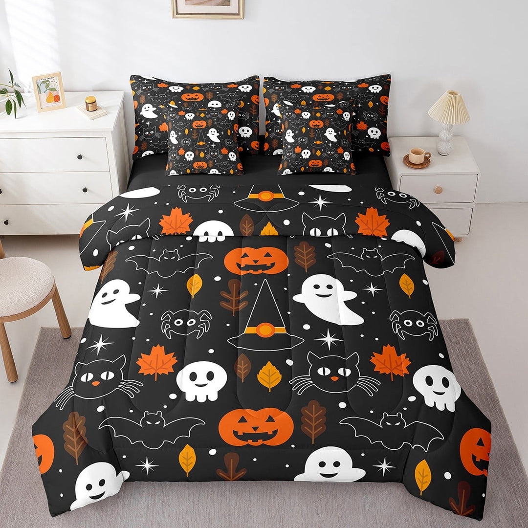 Bats Halloween Decoration Bed in a Bag King Size Comforter Set 7 Pieces,Ghost Spider Bedding Sets Gothic Black Cat Witch Hat Pumpkin Sheet Set with Comforter,Black