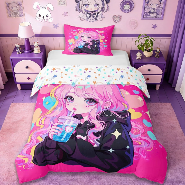 Erosebridal 3D Anime Girl Twin Bedding,Colorful Loves Pattern Duvet Cover Set For Kids 2 Pieces,No Comforter,Reversible