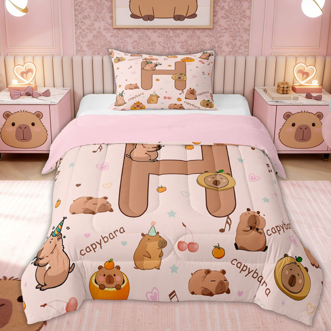 Erosebridal Monogrammed H Kids Twin Comforter Sets, Fruit Capybara Bedding Set, 2-Piece, Pink Reversible