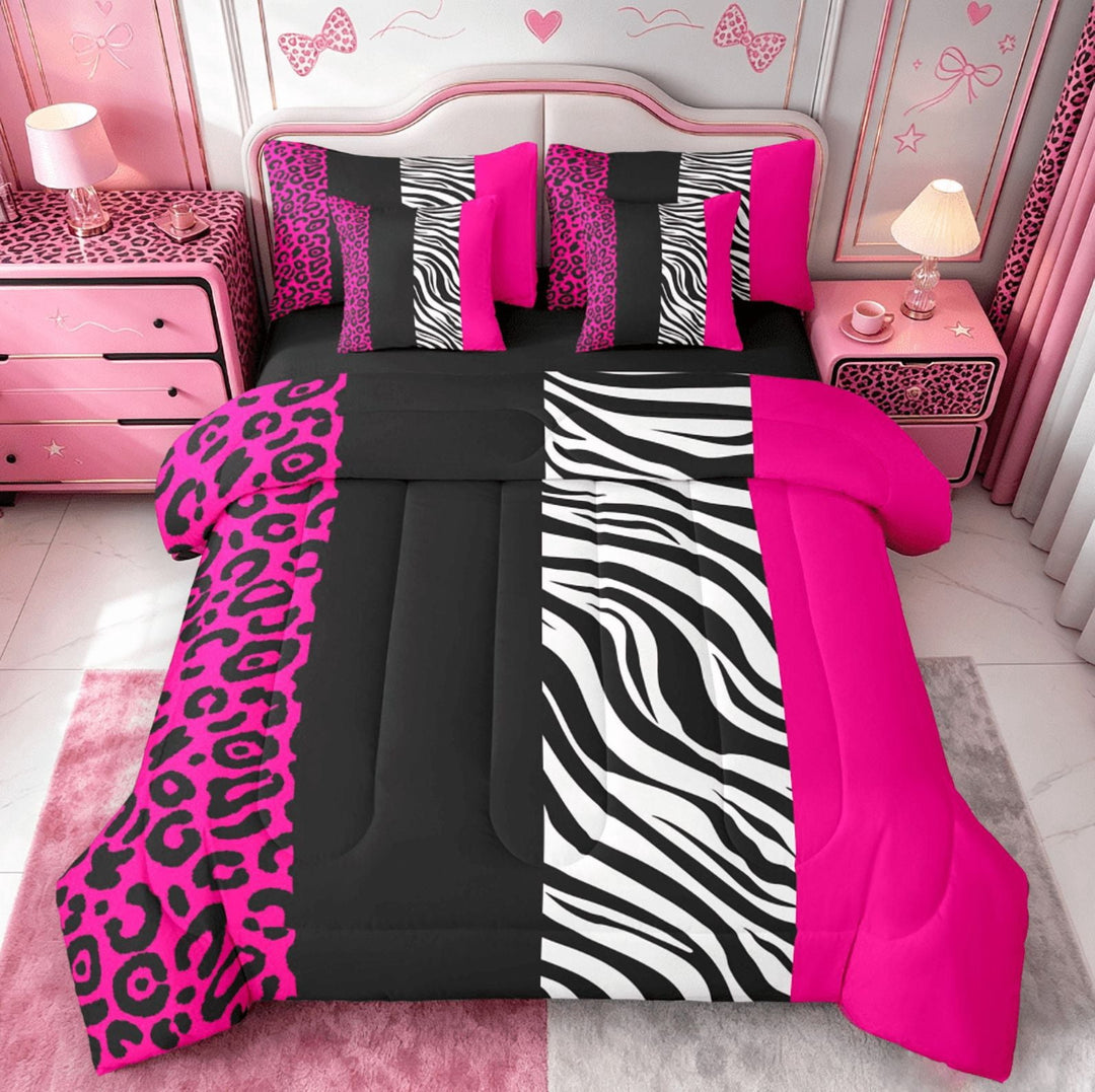 Manfei Zebra Stripes 7 Pieces Bedding Comforter Set,Leopard Print Full Bedding Set,Pink Black Geometric Lines Fitted Sheet Flat Sheet For Boys Girl,Ultra Soft Home Decor Reversible