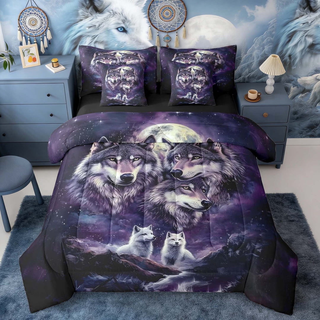 Erosebridal Wolf Pack Purple Galaxy Moon Print Bedding Comforter Set, Celestial Wildlife King Bedding Sets for Men and Women, Black Reversible 7-Piece