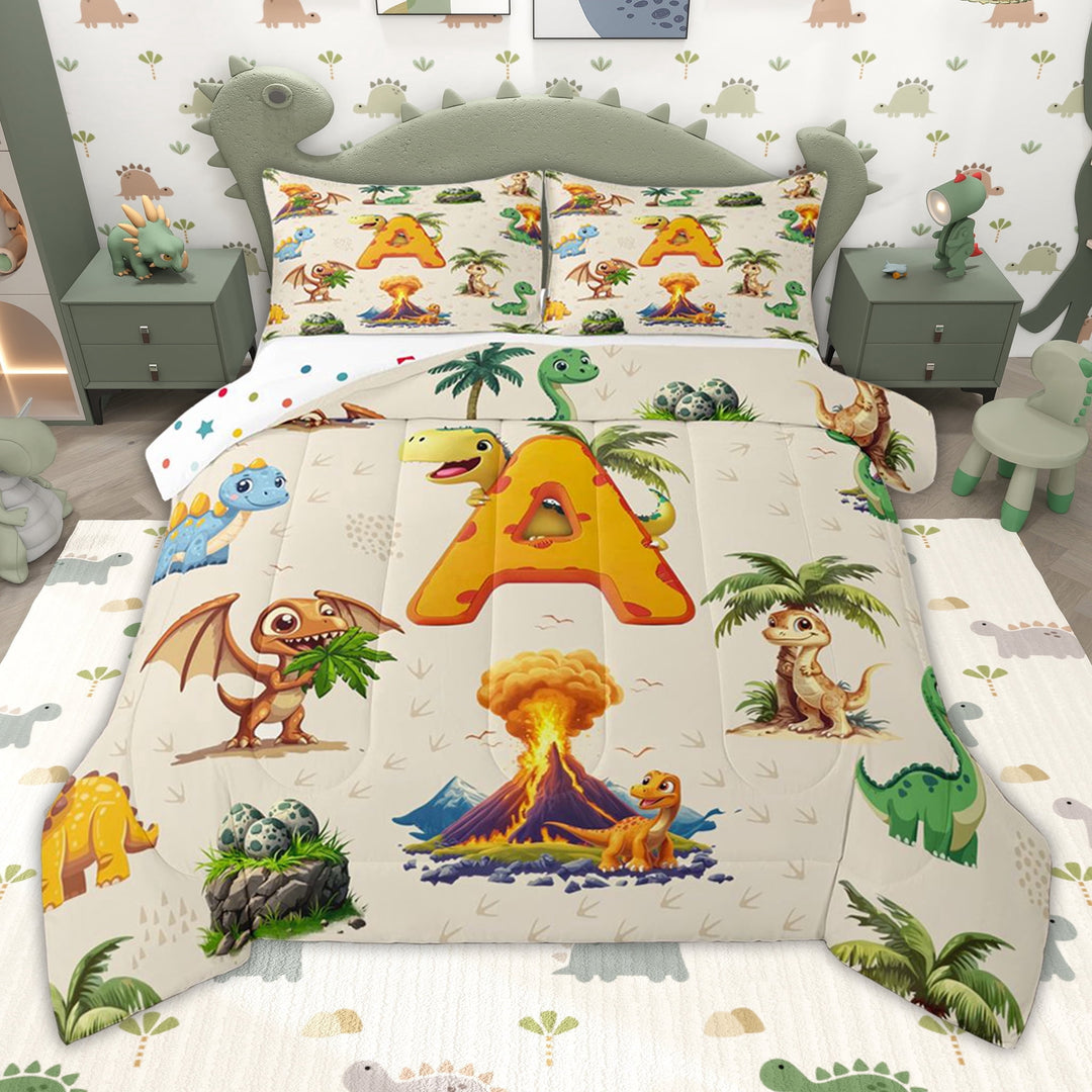 Erosebridal Cartoon Green Dinosaur Twin Comforter Sets for Kids, Cartoon A Letter Bedding Set, Polka Dots Reversible, 2 Pieces