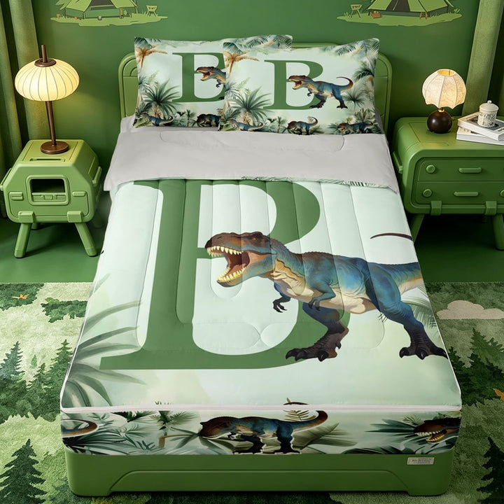 meiyoeat green Monogrammed B Zipper Full Size Comforter Sets with Fitted Sheet and 2 Pillowcases,Jungle Animal Dinosaur Zipper Bedding Set,Light Gray Reversible,4 Pieces