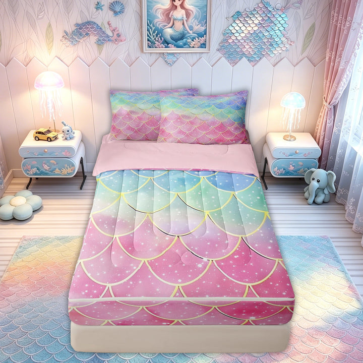 meiyoeat Glitter Gradient Mermaid Scale Zipper Comforter Set with Fitted Sheet and 2 Pillowcases for Kids Girls, Rainbow Ocean Fairy Zipper Bedding Set, Pink Blue, Pink Reversible, 3 Pieces