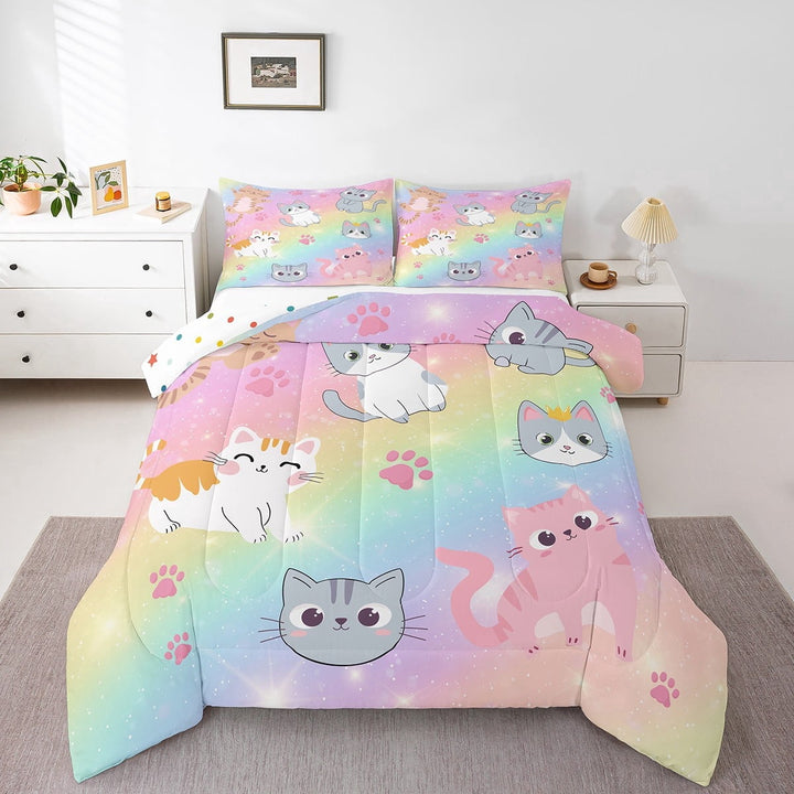 Erosebridal Rainbow Cat Twin Bedding Sets , Cute Cat Comforter Set Teen Pastel Gradient Glitter Stars Cat Bed Comforter Sets Cartoon Animal Kitten Paw Quilt 1 Pillow Case Colorful