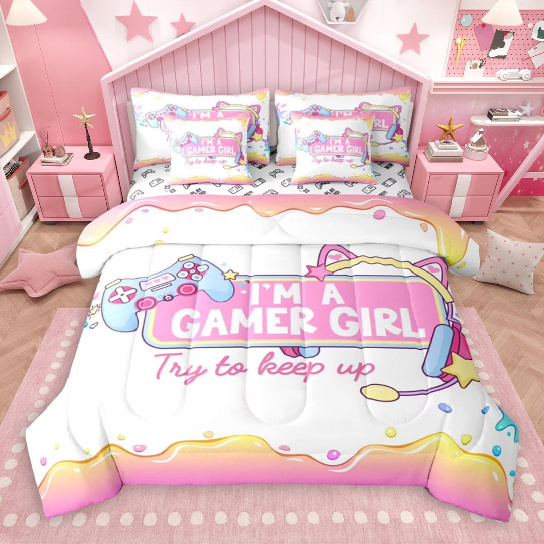 Manfei Gamer Girl 7 Pieces Bedding Comforter Set,Gameing Game Gamepad Full Bedding Set,Pink White Blue Fitted Sheet Flat Sheet For Kids Teens,Super Cozy Bedroom Decoration Reversible