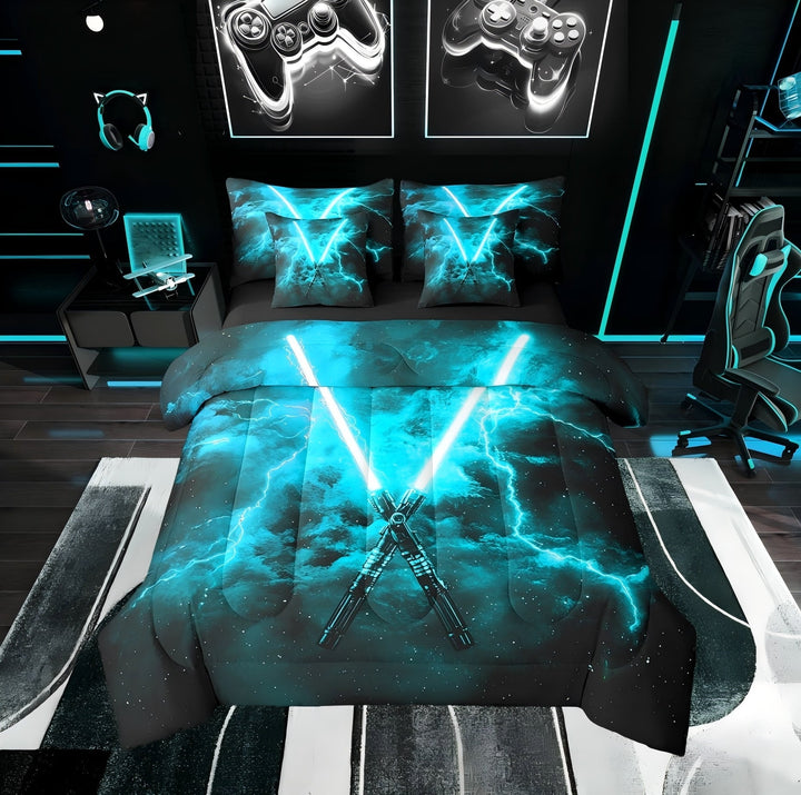 Erosebridal Neon Lightning Bedding Sets Twin with Comforter, Blue Lightning Duvet Insert,, Reversible 7 Pieces