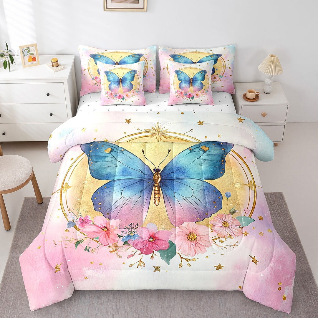 7 Pcs Blue Butterfly Bedding Set Twin Butterfly Bed In A Bag Pink Gradient Romantic Themed Comforter Set Sheets Rustic Farm Floral Bed Set Teen Geometry Stripes Print Sheet Set