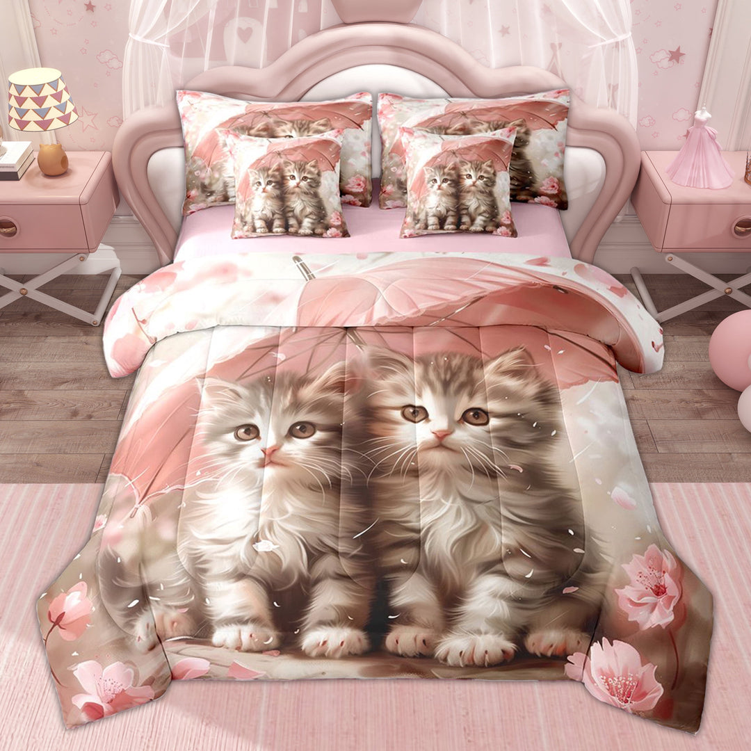 Erosebridal 3D Cat Print Twin Bedding Sets for Kid, Romantic Flower Bedding Comforter Set, Pink Reversible, 7pcs