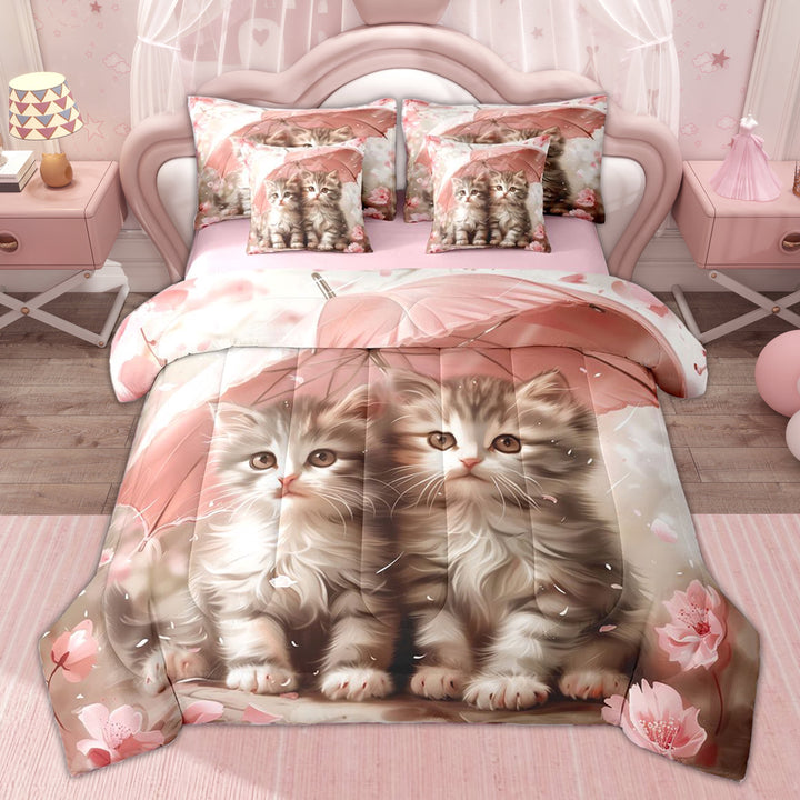 Erosebridal 3D Cat Print Twin Bedding Sets for Kid, Romantic Flower Bedding Comforter Set, Pink Reversible, 7pcs