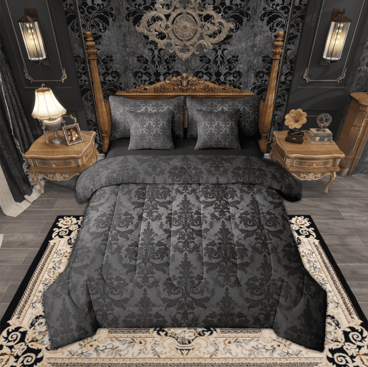 Gothic Bed in a Bag King Size Comforter Set 7 Pieces,Adults Black Damask Bedding Sets,Victorian Sheet Set with Comforter Vintage Baroque Goth Antique Black Floral Bohemian Decor,Grey