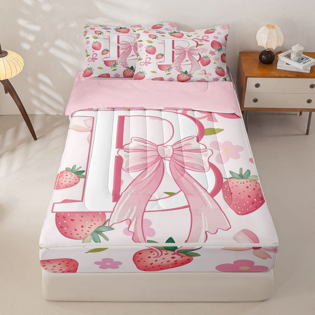 meiyoeat Strawberry Letter B Zipper Comforter Set with Fitted Sheet and 2 Pillowcases, Princess Bow Flower Zipper Bedding Set for Kids, Pink, Pink Reversible, 3pcs