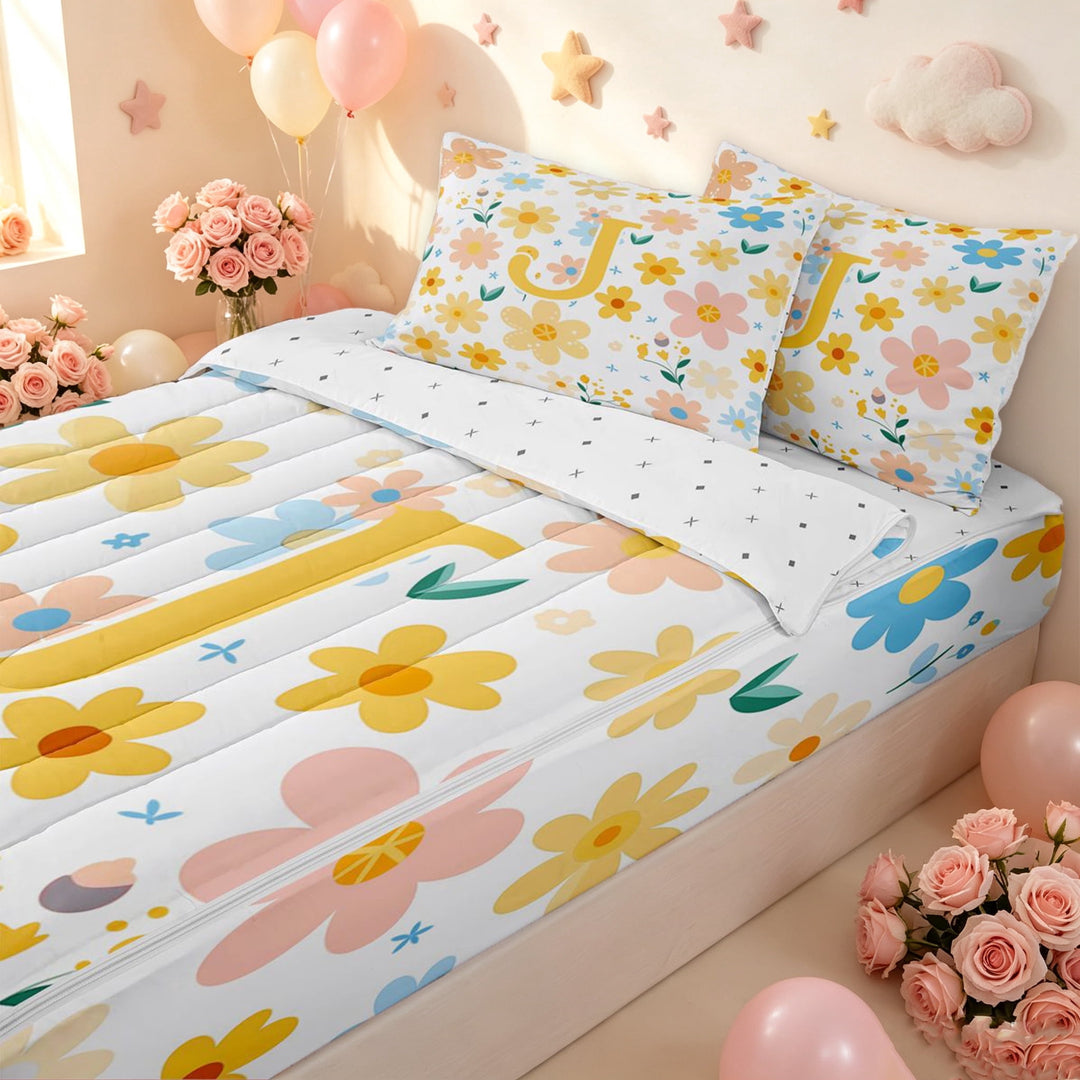 meiyoeat Floral Letter J Zipper Full Size Comforter Sets with Fitted Sheet and 2 Pillowcases for Girls, Spring Daisy Groovy Zipper Bedding Set for Bedroom, Multicolor, Reversible, 4pcs