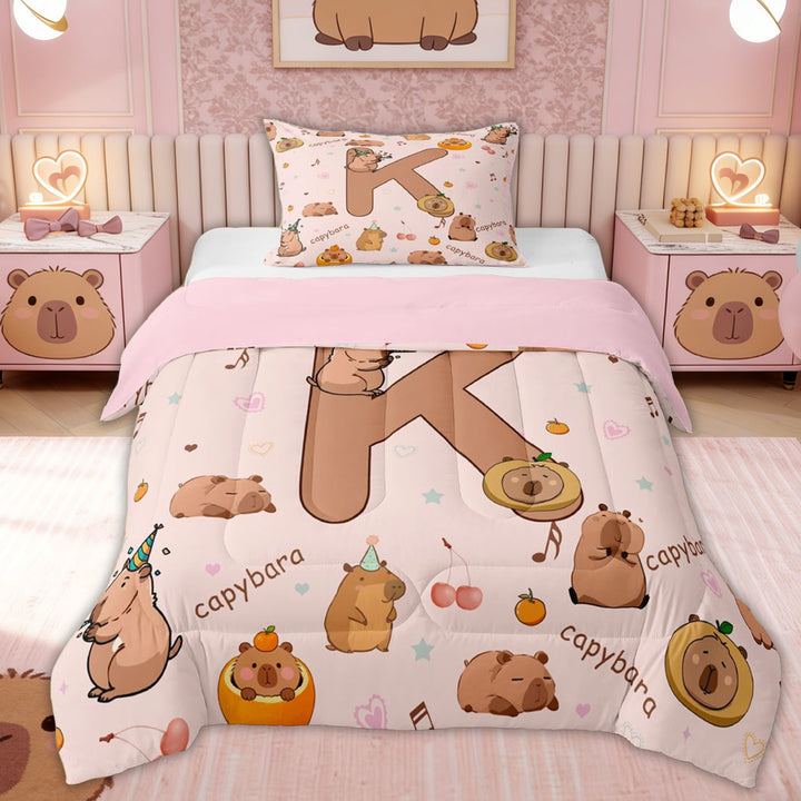 Erosebridal Cute Capybara for Kids Twin Comforter Sets, Cartoon K Letter Bedding Set, 2-Piece, Pink Reversible