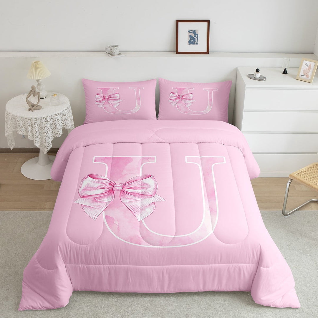 Erosebridal Pink Letter U Comforter Sets Twin Size, Monogrammed A to Z Comforters &amp; Duvets, Chic Bow Decor, Ultra Soft 2-Piece