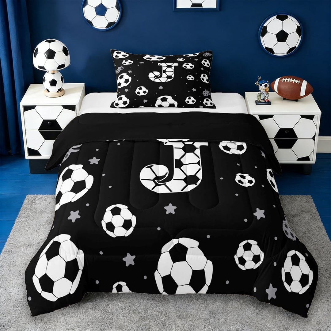 Erosebridal Football Sport Games Kids Twin Comforter Sets,First Letter J Bedding Set For Soccer Gamer,Reversible Black 2 Pieces