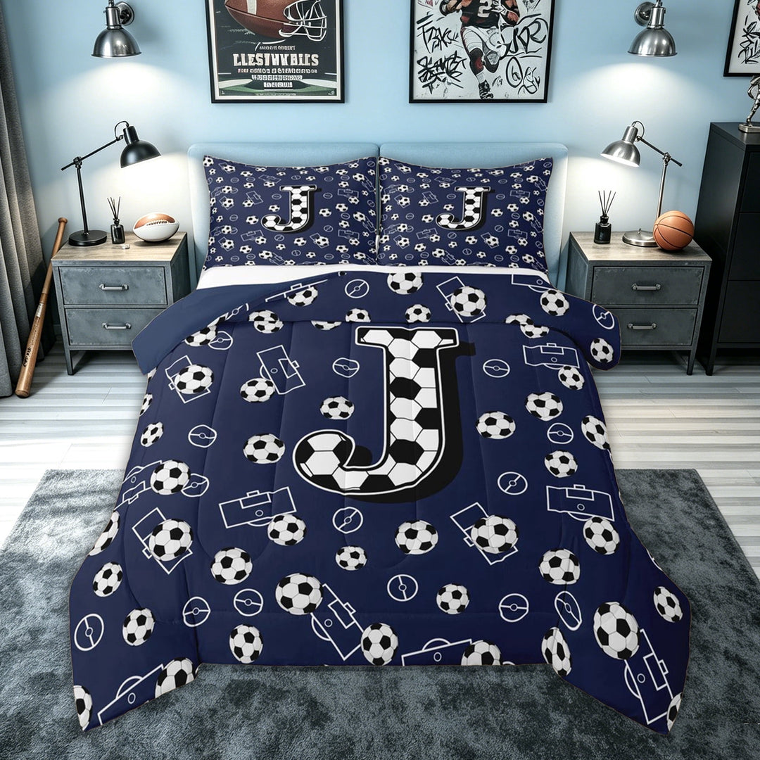 meiyoeat Soccer Letter J Full Size Comforter Sets for Kids, Sports Football Bedding Comforter Set for Kids, Navy Blue, Blue Reversible, 3 Pieces, 1 Comforter and 2 Pillowcases
