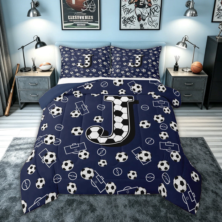 meiyoeat Soccer Letter J Full Size Comforter Sets for Kids, Sports Football Bedding Comforter Set for Kids, Navy Blue, Blue Reversible, 3 Pieces, 1 Comforter and 2 Pillowcases