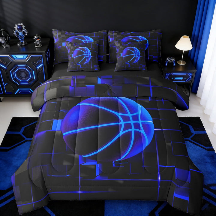 Erosebridal Geometric Geometry Checkered Bedding Twin Size,Basketball Game Comforter Sets with Sheets,Black Blue Bedding Sets Twin Size For Youth,Super Cozy Room Decoration Reversible,7pcs
