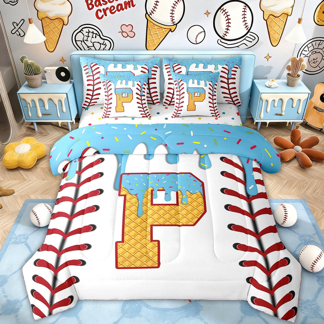 Erosebridal Kids Cute Letter P Twin Bedding Sets, Baseball Ice Cream Bedding Comforter Set, Blue, 7pcs