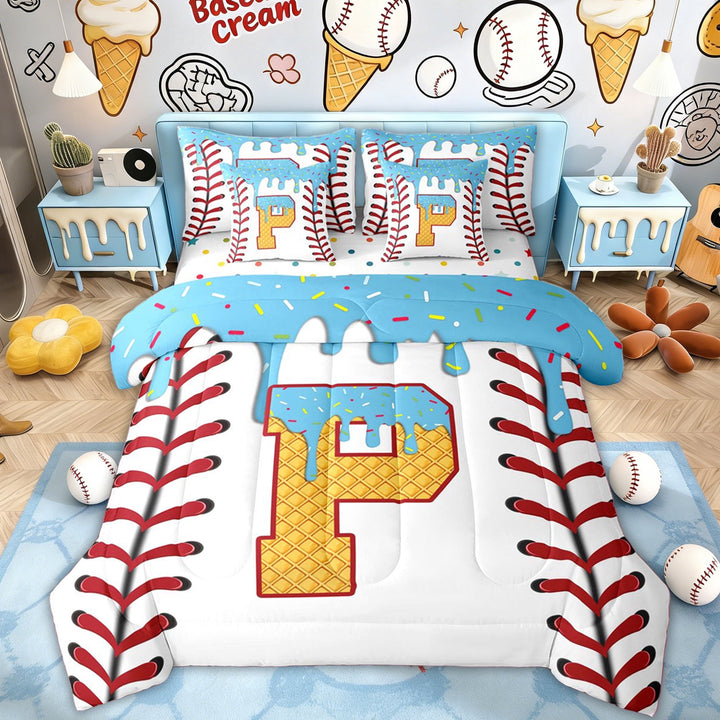 Erosebridal Kids Cute Letter P Twin Bedding Sets, Baseball Ice Cream Bedding Comforter Set, Blue, 7pcs