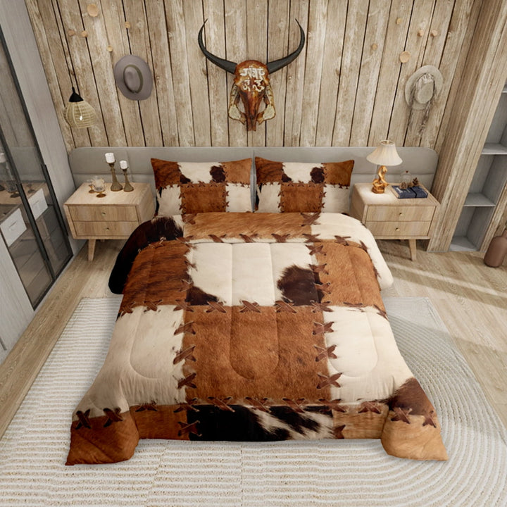 Cowhide Bedding Sets Patchwork Cow Print Comforter Farm Animal Comforter Set Western Cowboy Farmhouse Down Comforter With 1 Comforter and 2 Pillow Cases Bedroom Decor Full Size