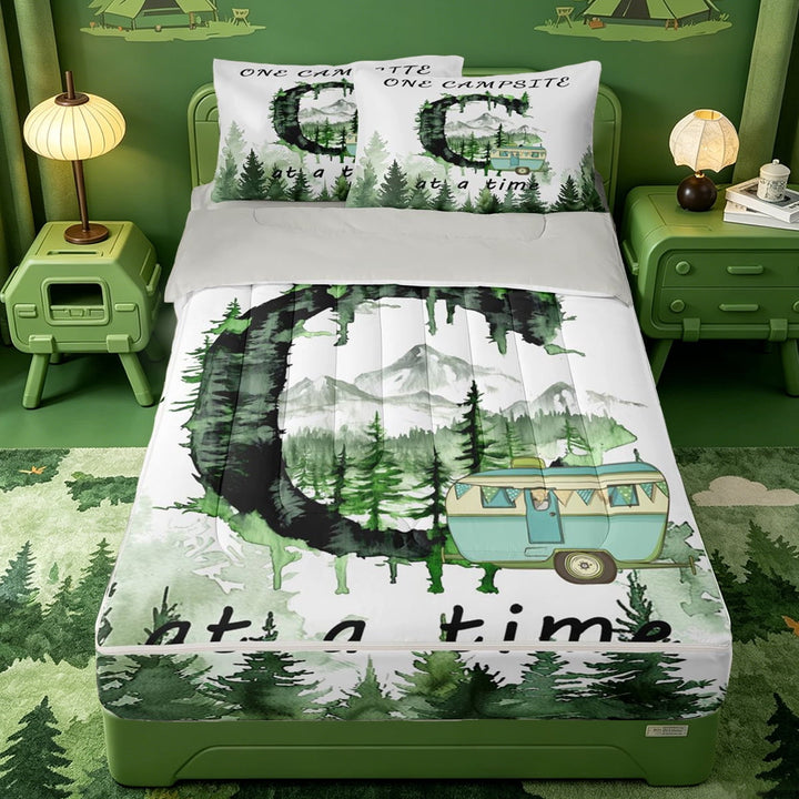 meiyoeat Camping Theme Initial Letter C Zipper Full Size Comforter Sets with Fitted Sheet and 2 Pillowcases For Boys,Green Rustic Farmhouse Style Zipper Bedding Set,Light Gray Reversible,4-Piece