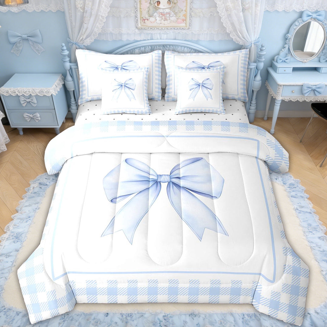 Erosebridal Blue Princess Bow Twin Bedding Sets, Cartoon Buffalo Bedding Comforter Set for Kids Teens Girls, Reversible, 7pcs