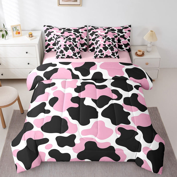 Pink Cow Print 7 Piece Comforter Set Full Bed in a Bag Cartoon Bedding Sets,Milk Cow Cowhide Sheet Set Western Decor for Home Farm Animals Bed Set,Farmhouse Bull Cattle Kawaii Room Decor