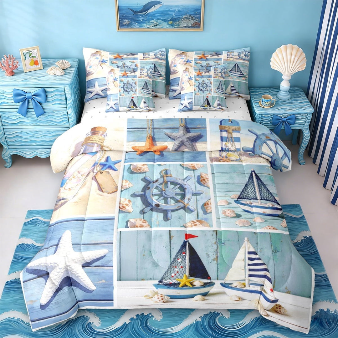 Erosebridal Ocean Nautical Sailboat 7-Piece Twin Bedding Sets,Kawaii Sea Starfish Vintage Rustic Farmhouse Bedding Comforter Set For Boys Girls,Reversible