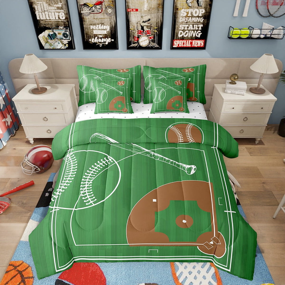 Baseball Bed in a Bag 7-Piece Sport Twin Comforter Set, Geometric Reversible Bedding Comforter Sets Green Brown Bedding Set, Ball Gaming Bed Sheets Set, Microfiber