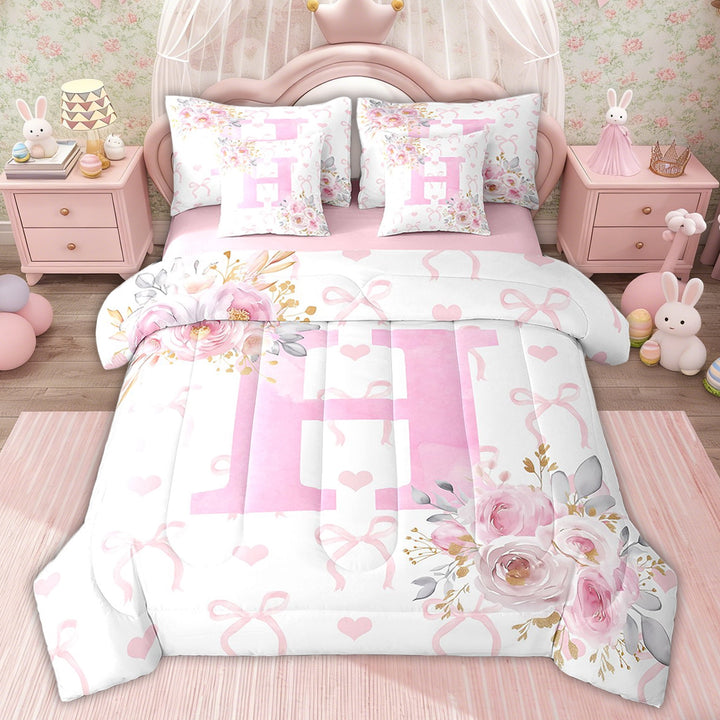 Erosebridal Kids Initial Letter H Bed in a Bag Twin size, Romantic Rose Bed Set, Girly Fairy Decor, Pink Reversible 7 Pieces