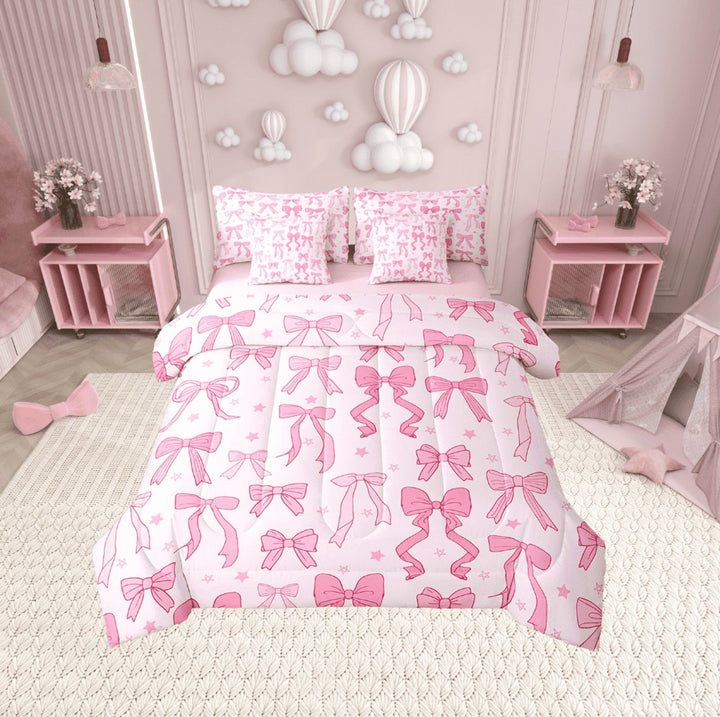 Erosebridal Kawaii Bowknot Bedding Sets Twin Size,Cartoon Stars Comforter Sets with Sheets,Cute Bow Bed in a Bag Twin size,Lightweight Bow Tie Bedroom Decoration,Reversible,7-Piece