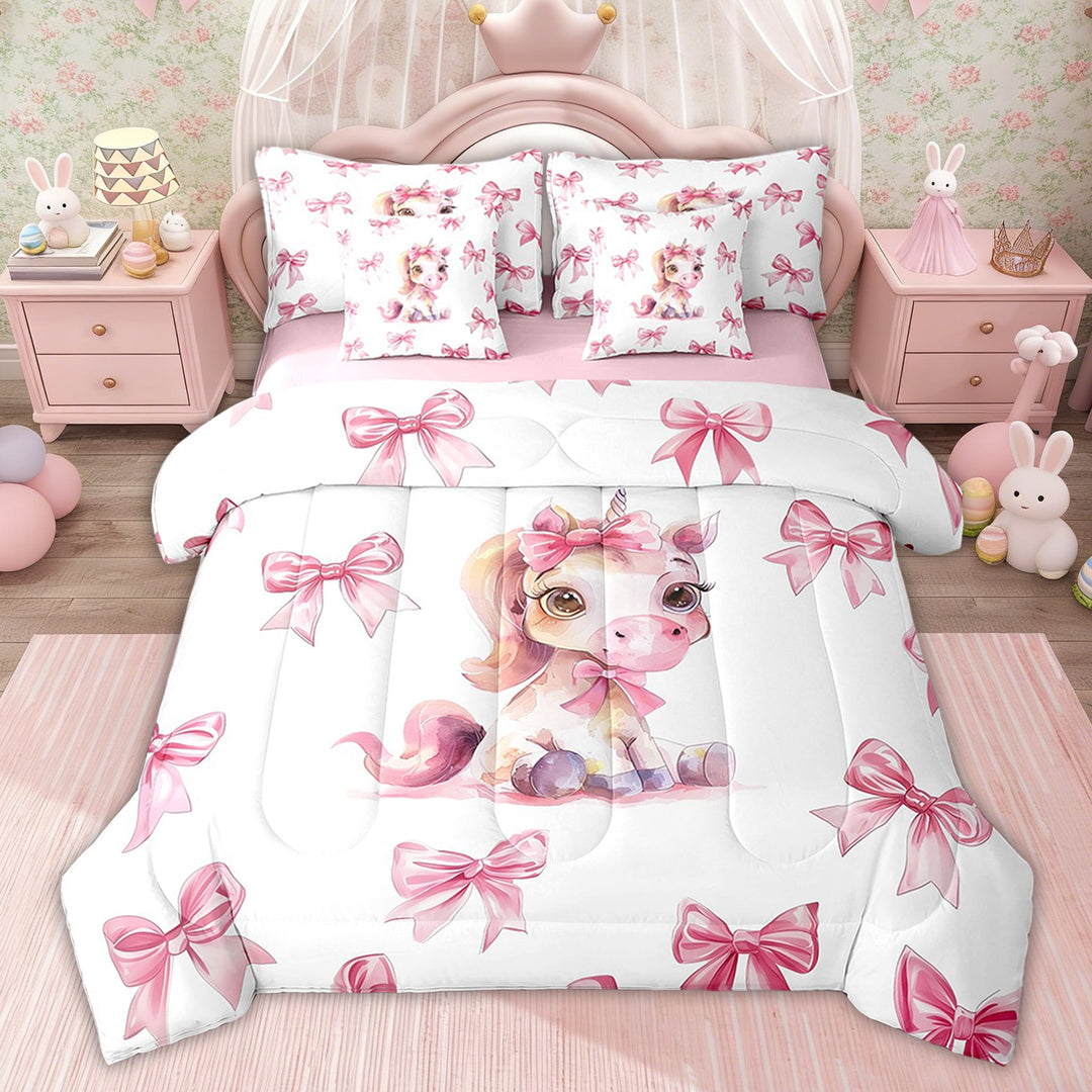 Erosebridal Cartoon Unicorn Bedding Sets Twin with Comforter for Kids, Pink Bow-tie Bedding Set, Cute Animal Decor, Pink Reversible 7pcs
